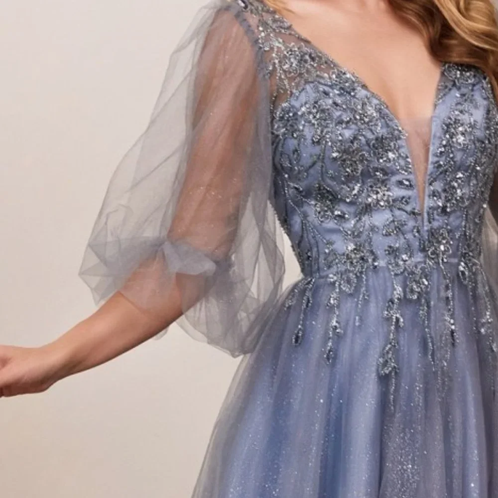 SMOKEY BLUE  PROM PARTY PUFFY SLEEVES A-LINE GLITTER TULLE A-LINE DRESS CD0182 - Picture 5 of 6